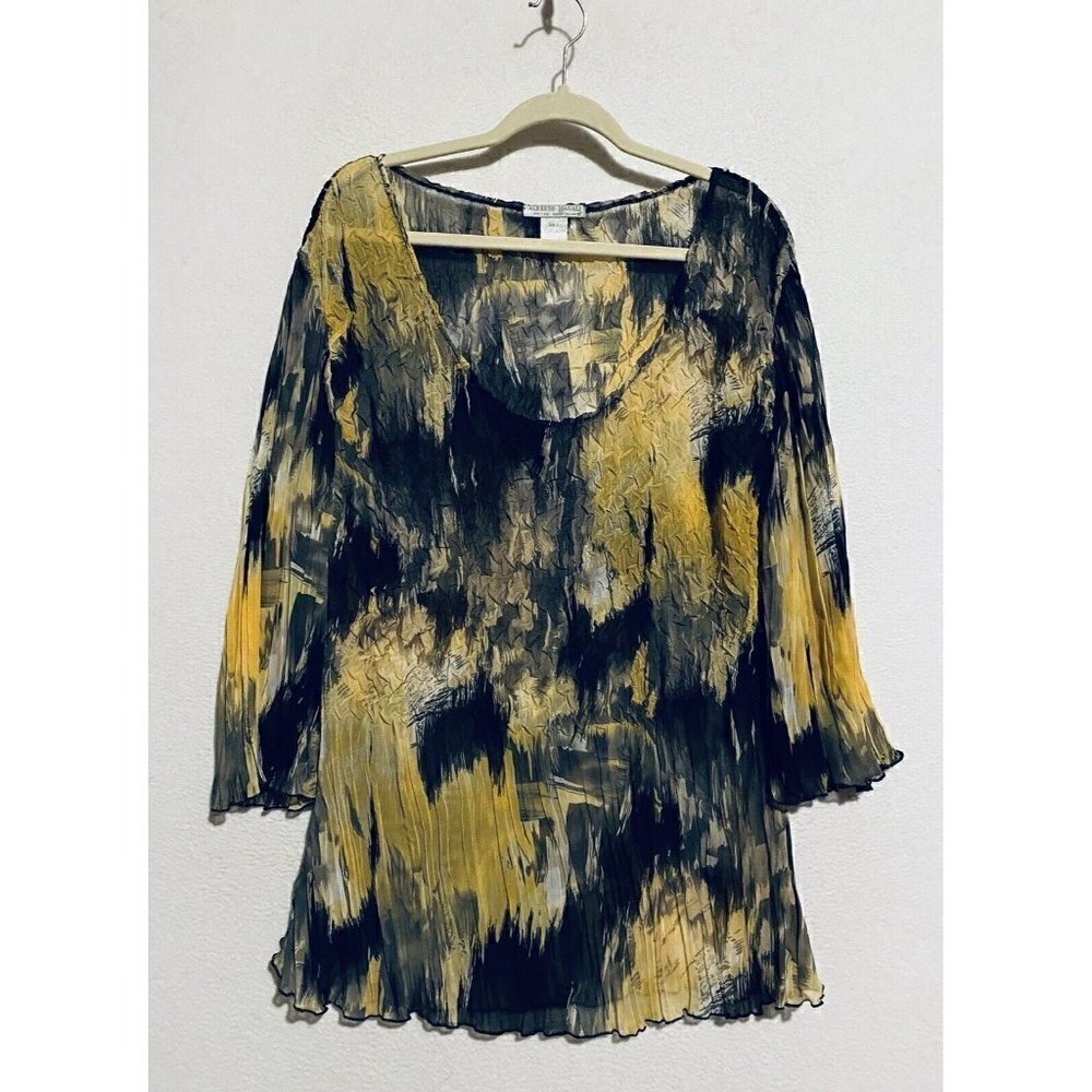 Alberto Makali Top Womens Large Yellow Black Artsy Boho Crinkly Flowy Sheer Boho